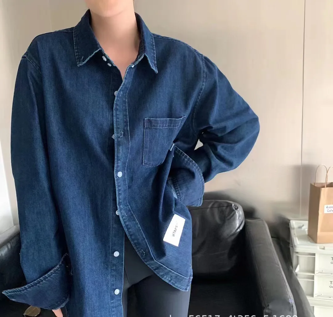

Джинсовая рубашка с длинным рукавом для мужчин и женщин, модная трендовая куртка темно-синего цвета в японском и корейском стиле, с отложным воротником