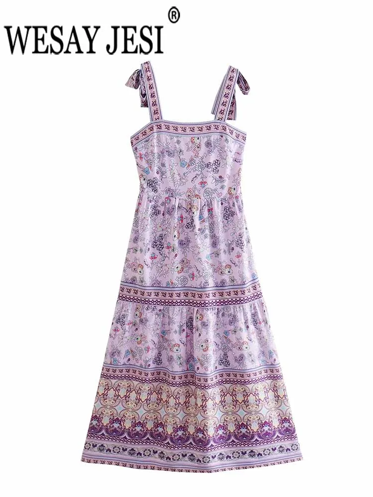 WESAY JESI летнее элегантное Ретро повседневное удобное эластичное женское платье без рукавов с фиолетовым цветочным принтом модное женское пл...