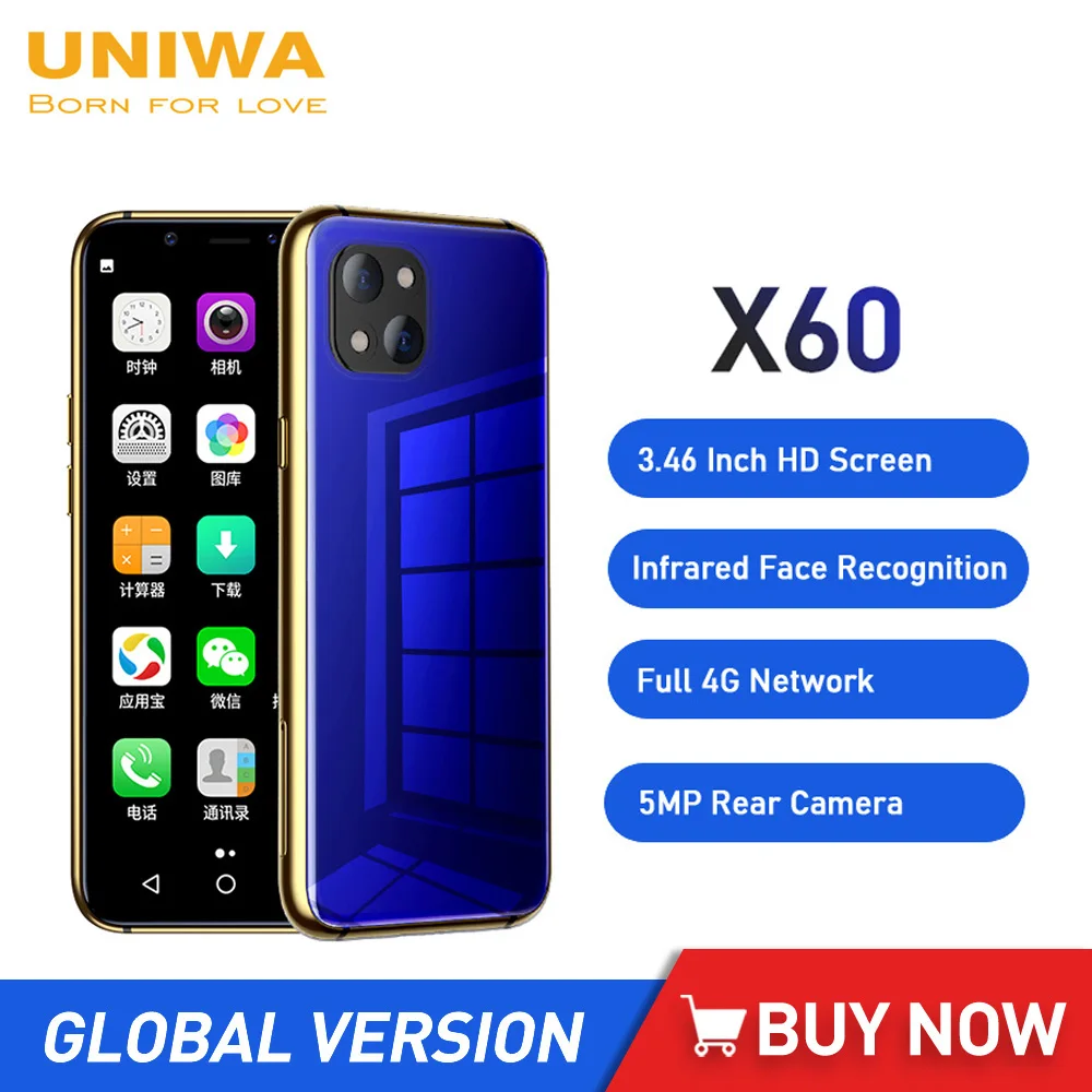 Мини-смартфон UNIWA X60, 3,46 дюйма, Android 6,0, две SIM-карты, 1050 мАч