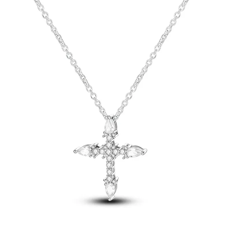 

Sterling 925 Silver Hypoallergenic Jewelry Exquisite Cross Pendant Shiny Zircon Inlaid Necklace Luxury Classic Style Delicate