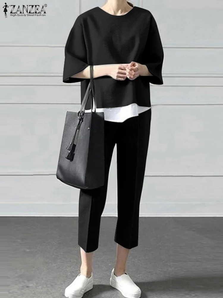 

ZANZEA Two Piece Womens Tracksuit Casual Pants Sets Spring Fashion 3/4 Sleeve Patchwork Blouse Matching Sets 2PCS Sports Suits