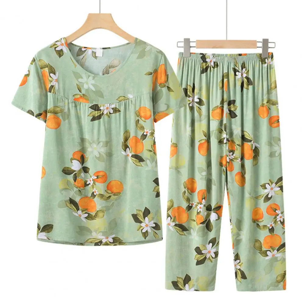 

2 Pcs/Set Grandma Summer Pajamas O Neck Elastic Waist Loose Plus Size Thin Sleeping Wide Leg Colorful Flower Print Mid-aged Nigh
