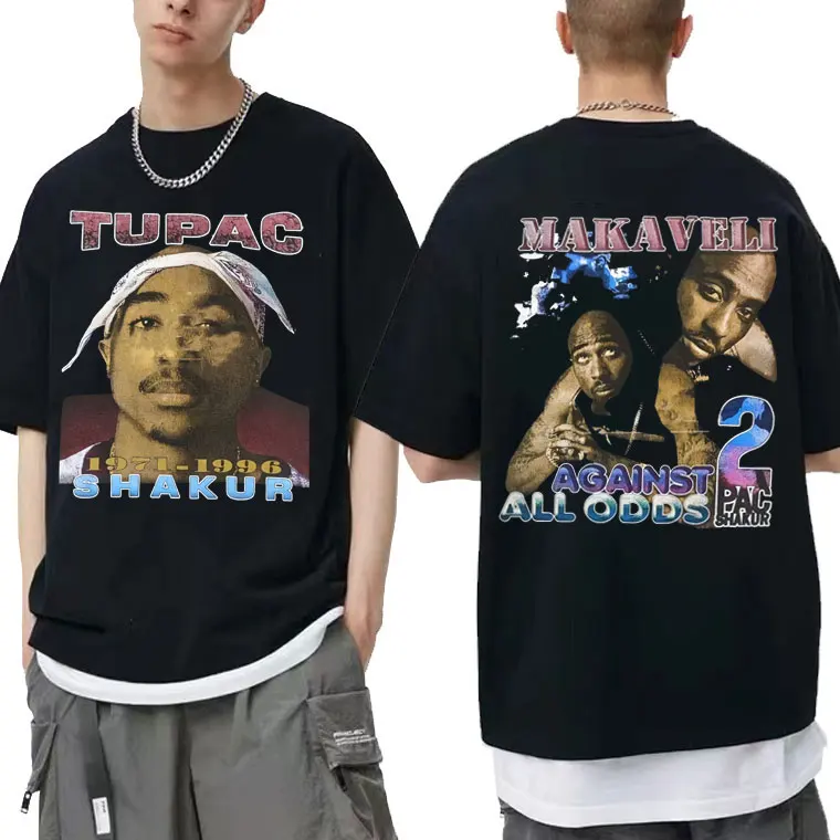 

Hot Sale Tupac 2Pac Shakur Makaveli Against All Odds Print T Shirt Hip Hop Rapper Men's Black T-shirts Men Women Oversized Tees