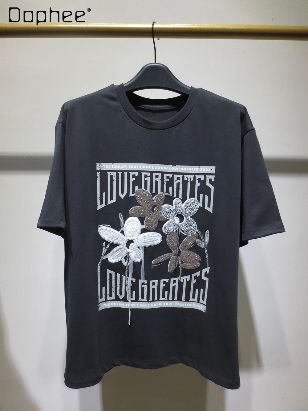 

Casual Letter Flower Sequins Embroidered t shirt for women 2022 summer New Women's Loose Crew Neck Short Sleeve T-shirts Tops