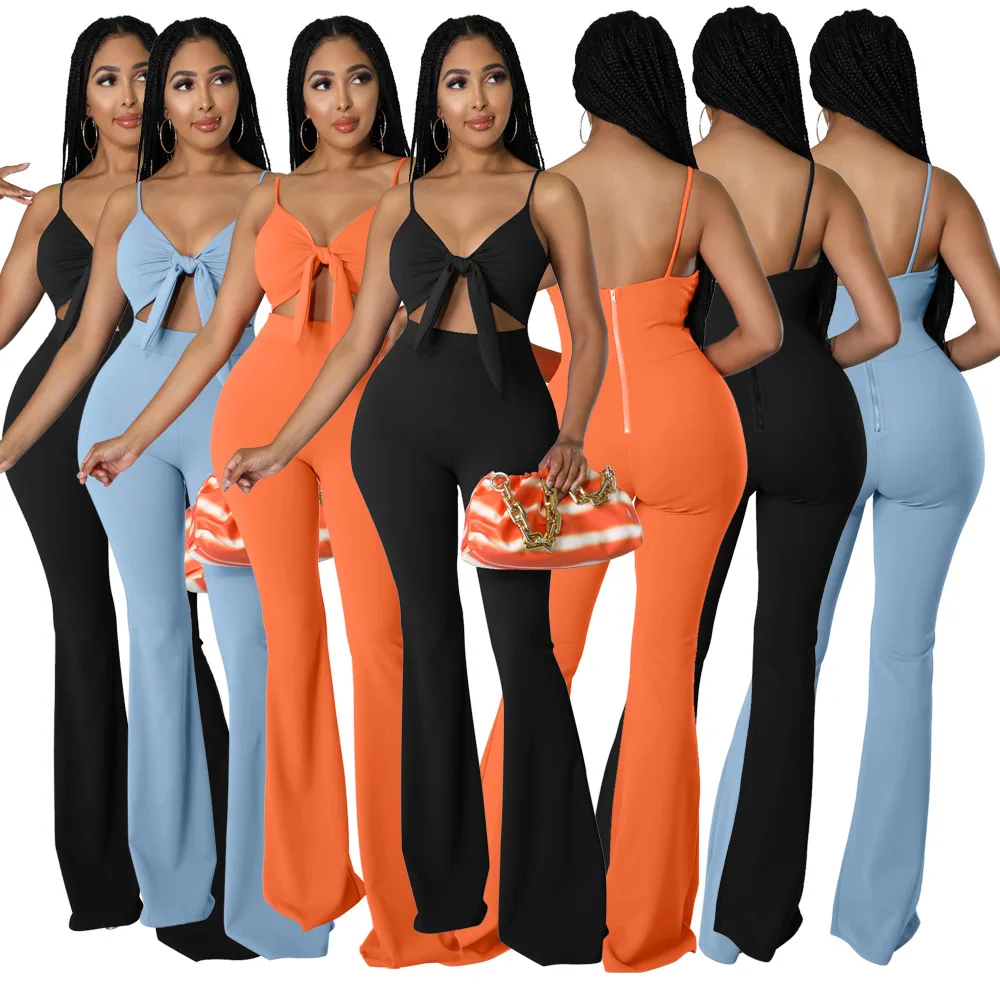 

Women jumpsuit flared pants summer new chest straps back zipper jumpsuit flared pants jump suits for women