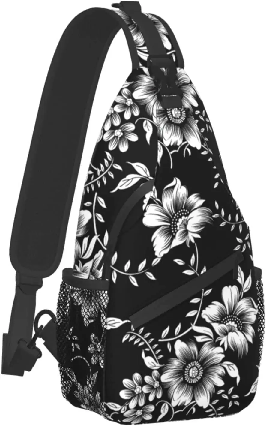 Black White Flowers Unisex Sling Backpack Crossbody Shoulder Bags for Men Women Small Daypacks Chest Bag