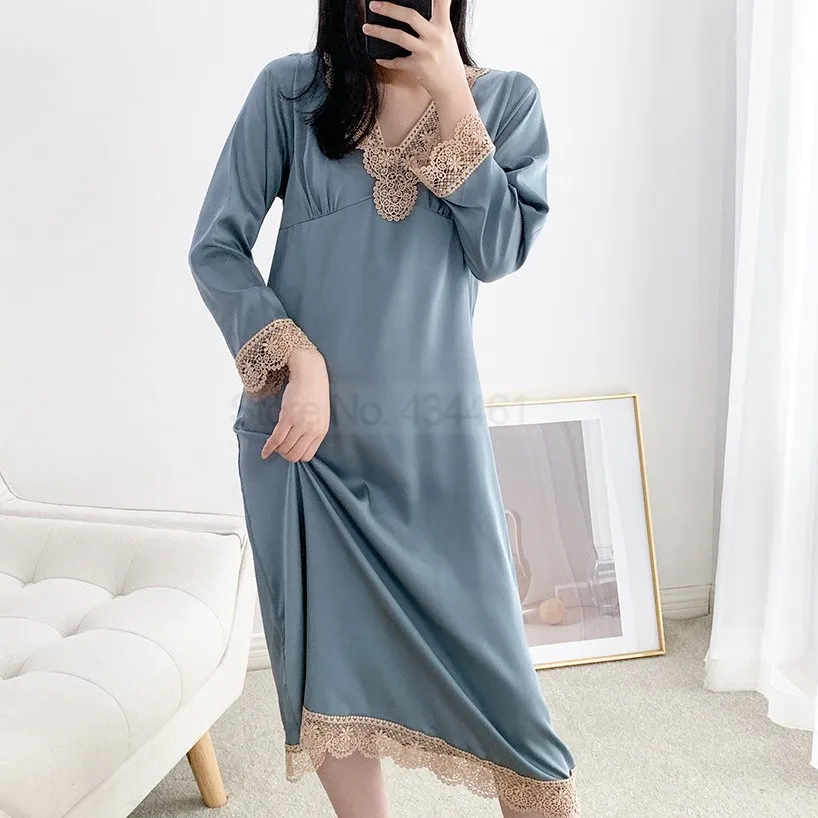 Ночная рубашка Женская атласная с V-образным вырезом и длинным рукавом | одежда