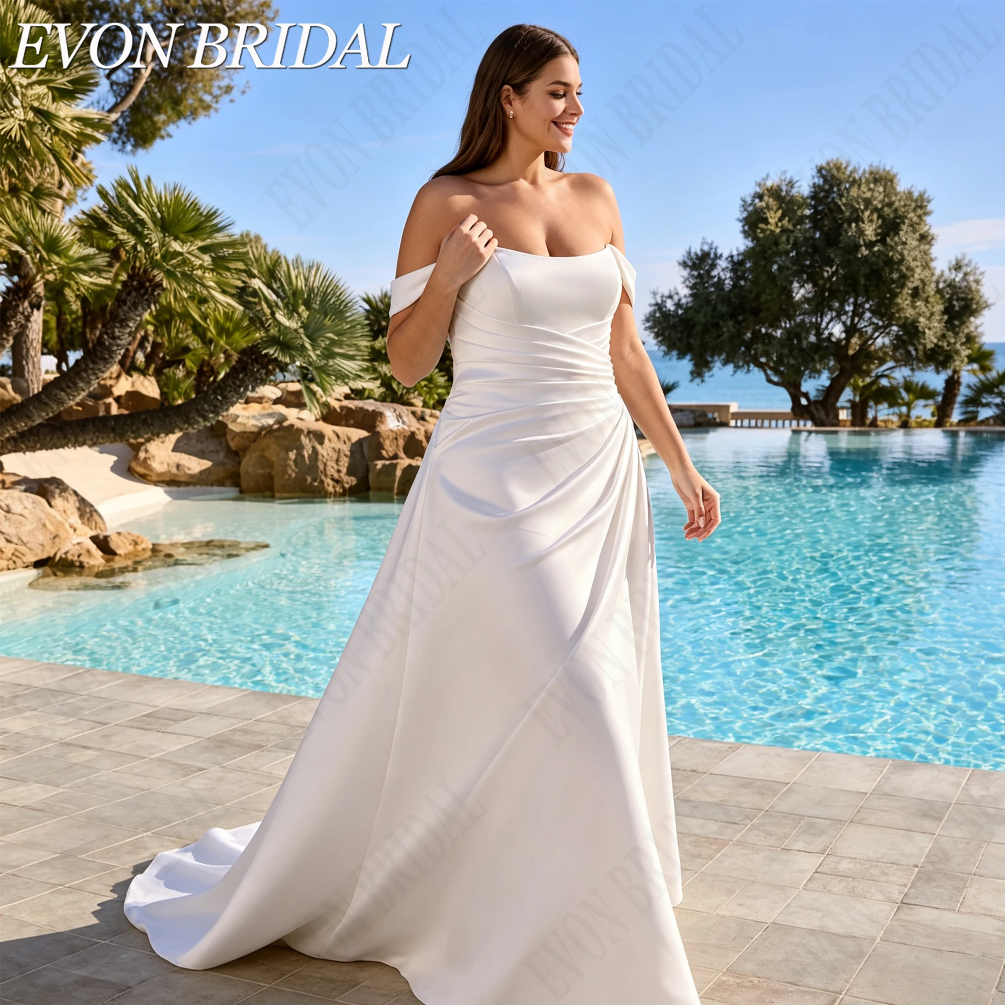 Фото EVON BRIDAL Платье невесты атласное без бретелек большие размеры съемные рукава силуэт А классическое свадебное платье на заказ для женщин роскошное атласное свадебное платье фигура А под индивидуальный пошив простое №1