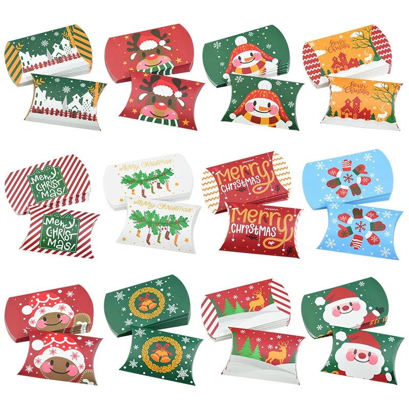 

12Pcs Christmas Pillow Shape Kraft Paper Box Snowflake Santa Claus Candy Gift Packing Boxes For Xmas Noel New Year Favors Gifts
