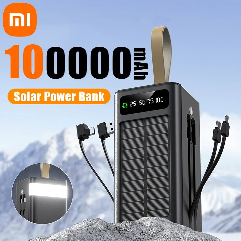 Xiaomi 100000 mAh Thicken Solar Power Bank Большая емкость Встроенные кабели Внешний аккумулятор Светодиодный аккумулятор Power Bank для iPhone Huawei