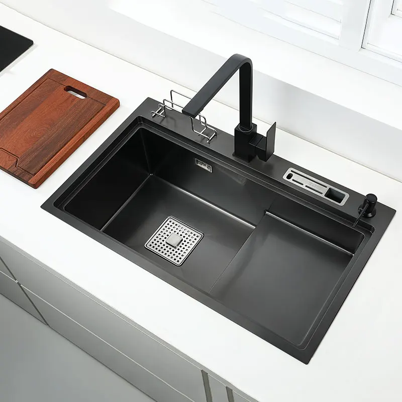 

Black High and low sink kitchen sink With knife holder vegetable washing basin With cutting board stainless steel pia black sink