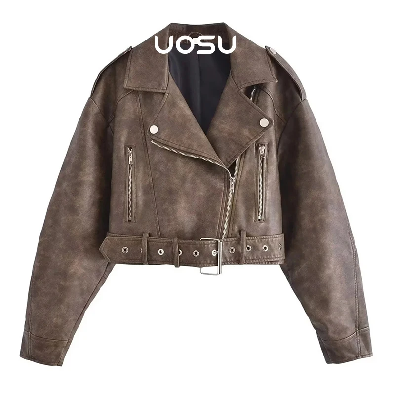 

Y2k Punk Style Belted Motor Biker Women Jackets Cool Girls High Street Fashion Gradient Artidicial Faux Leather Pu Jacket Coat
