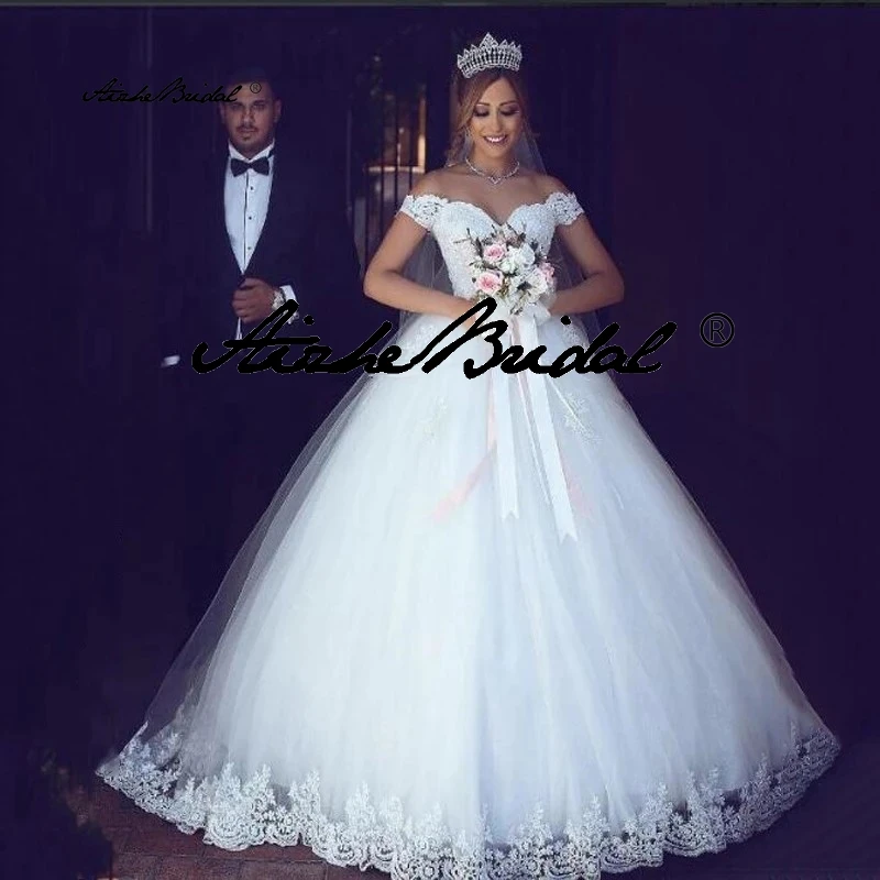 

White Ivory Lace Appliques Ball Gown Cheap Off The Shoulder Short Sleeves Bridal Dress Wedding Dresses