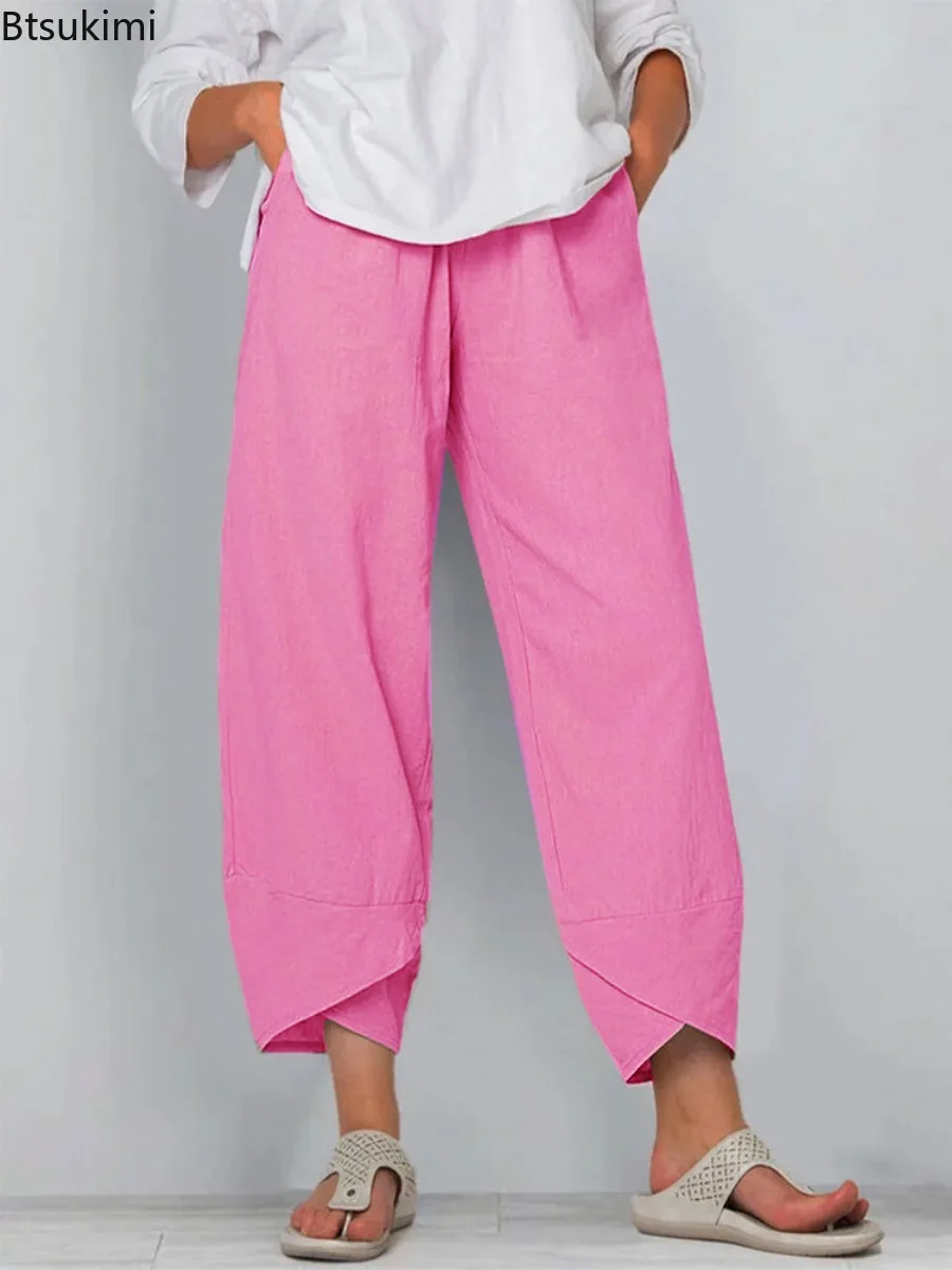 Женские повседневные шаровары из хлопка и льна брюки с широкими штанинами