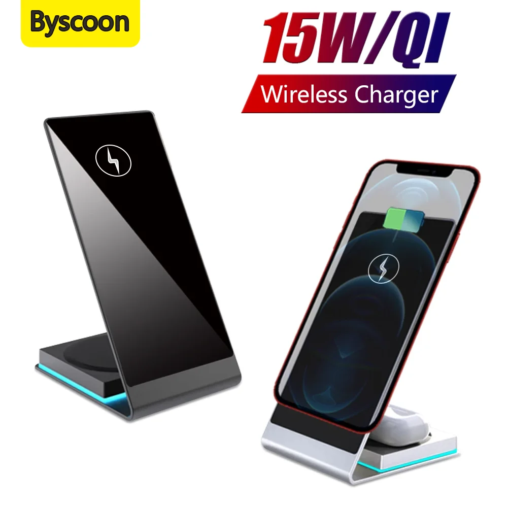 

Byscoon Qi Wireless Charger Station For iPhone 13 Pro Max 12 Mini 11 XS Max XR AirPods Pro 2 in 1 15W Magnetic Charge Dock Stand