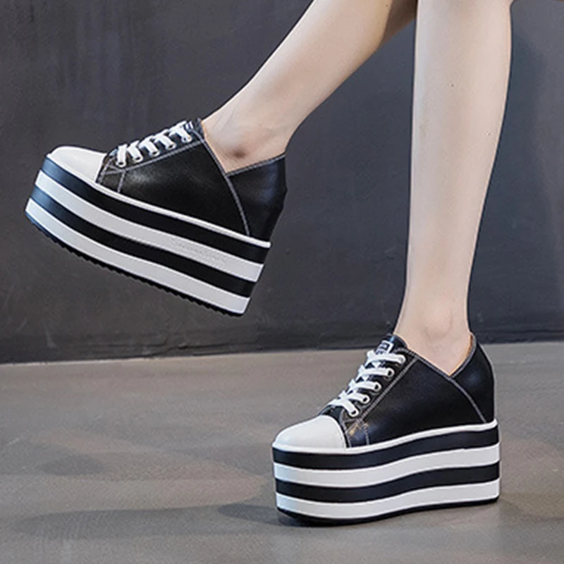 2023 Fashion New Genuine Leather 12cm Chunky Sneakers Wedge Platform Lace Breathable Heels Shoes Vulcanized Summer Females Shoes