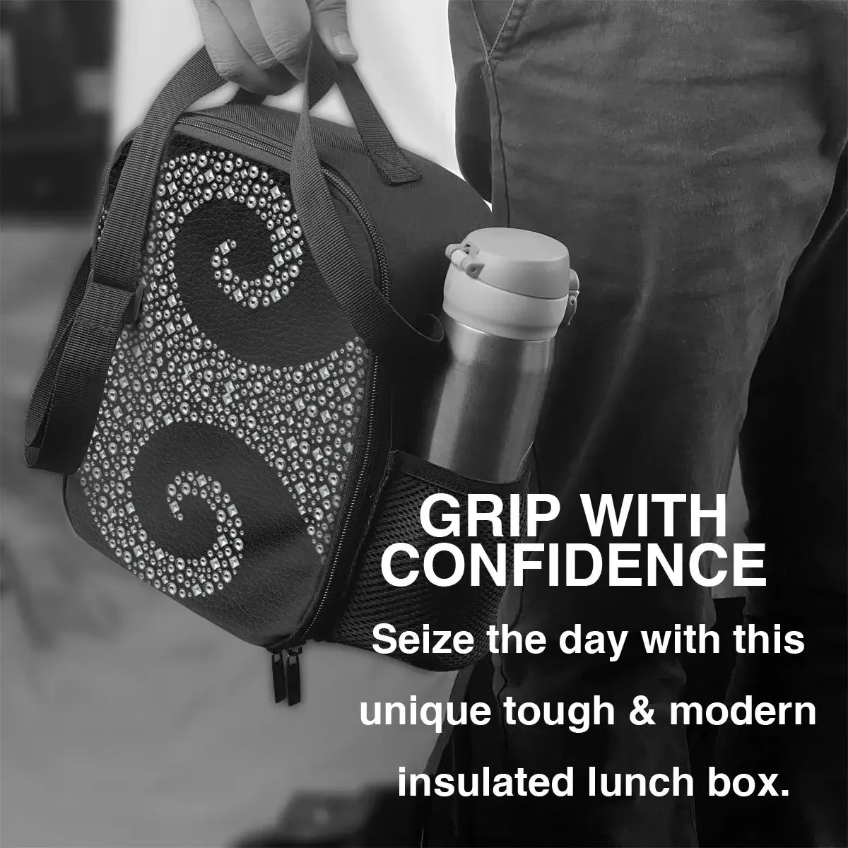 Черная кожа с серебряным штифтом Изолированные сумки для обеда завитками женщин