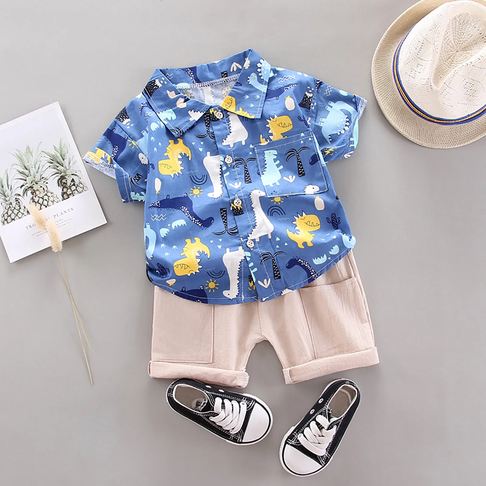 

Summer Toddler Kids Clothes Sets Cartoon Dinosaur Print Baby Boys T-shirt Cotton Linen Shorts 2pcs Short-sleeved Child Clothing