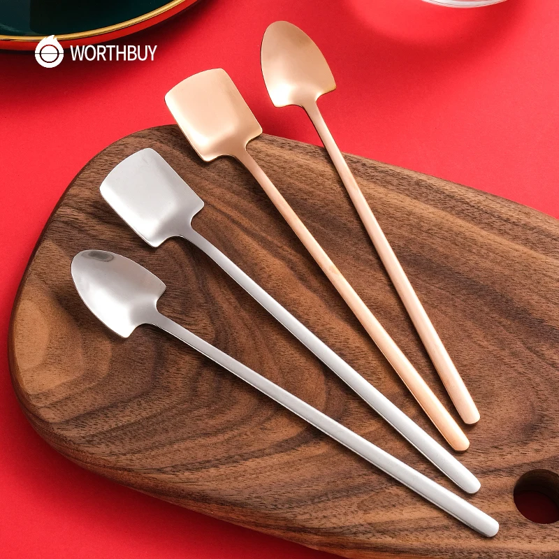 

WORTHBUY 2/4 Pcs Gold Shovel Spoon Stainless Steel Tea Spoon Long Handle Coffee Dessert Spoon Set Coffee Scoop Kitchen Tableware