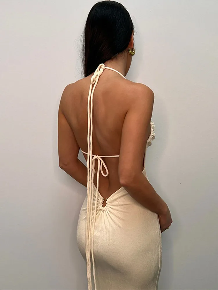 

New Elegant Sexy Bandage Spaghetti Strap Ruched Maxi Dress For Women Party Club Vestido Backless Draped Dresses Knit