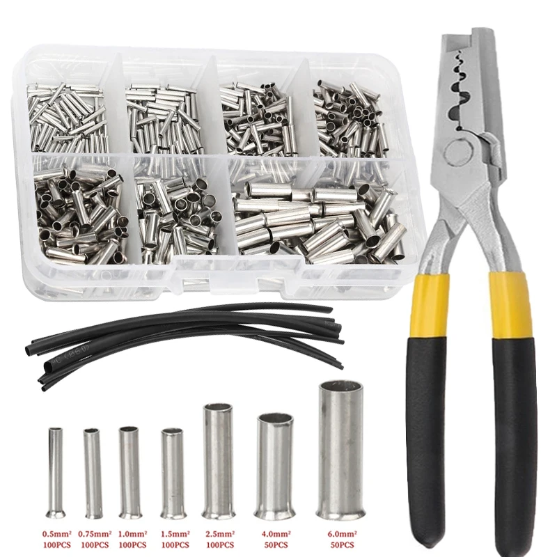 

600pcs Copper Connecting Pipe Wire Joint Small Copper Tube Terminal Cable Lug Bootlace Ferrule Kit with Heat Shrink Tube Plier
