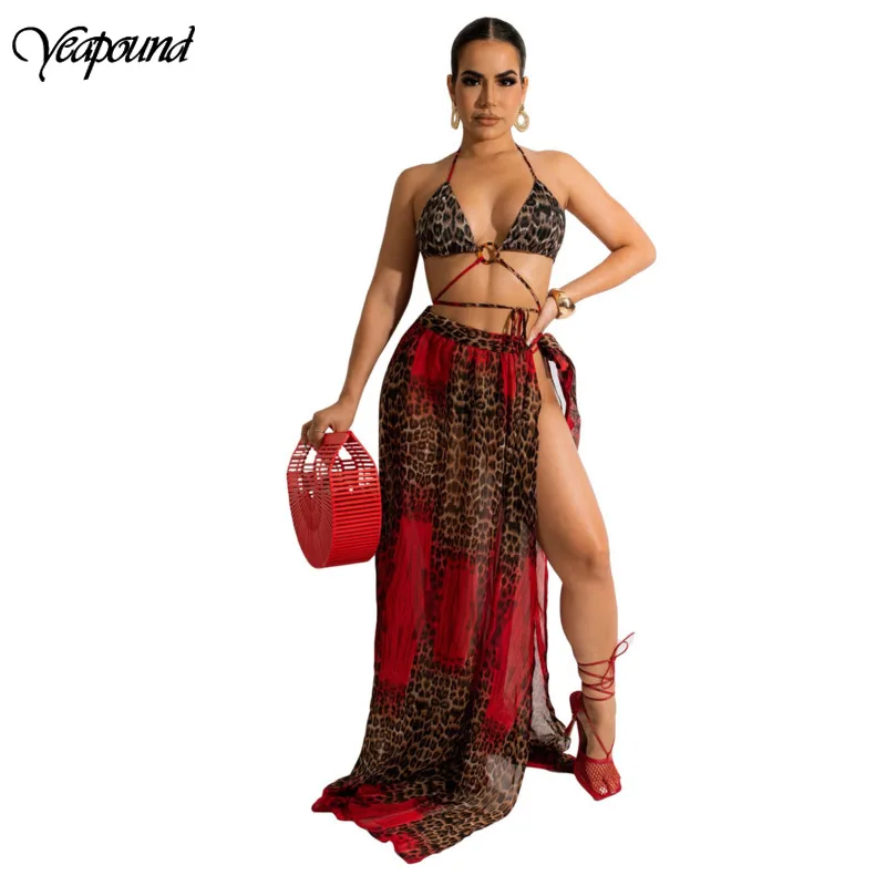 

New Women's Leopard Print Bandage 3 Pieces Set V Enck Bra Top And High Split Cover Skirt Set Sundress