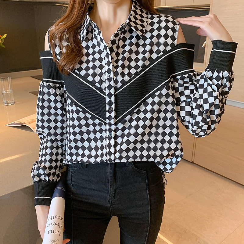 

Шелковая женская блузка, свободная рубашка-поло для девочек, летний модный топ с длинным рукавом, шифоновая повседневная одежда с принтом, д...