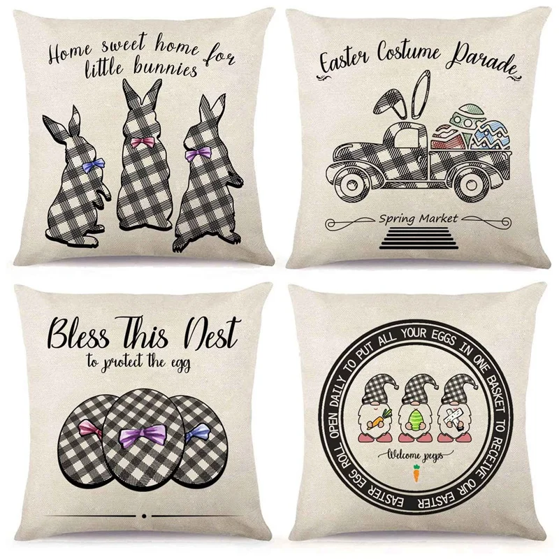 

Easter Pillow Covers Happy Easter Buffalo Bunny Eggs Truck Gnome Pillow Cover Cute Bow Farmhouse Cushion Pillow