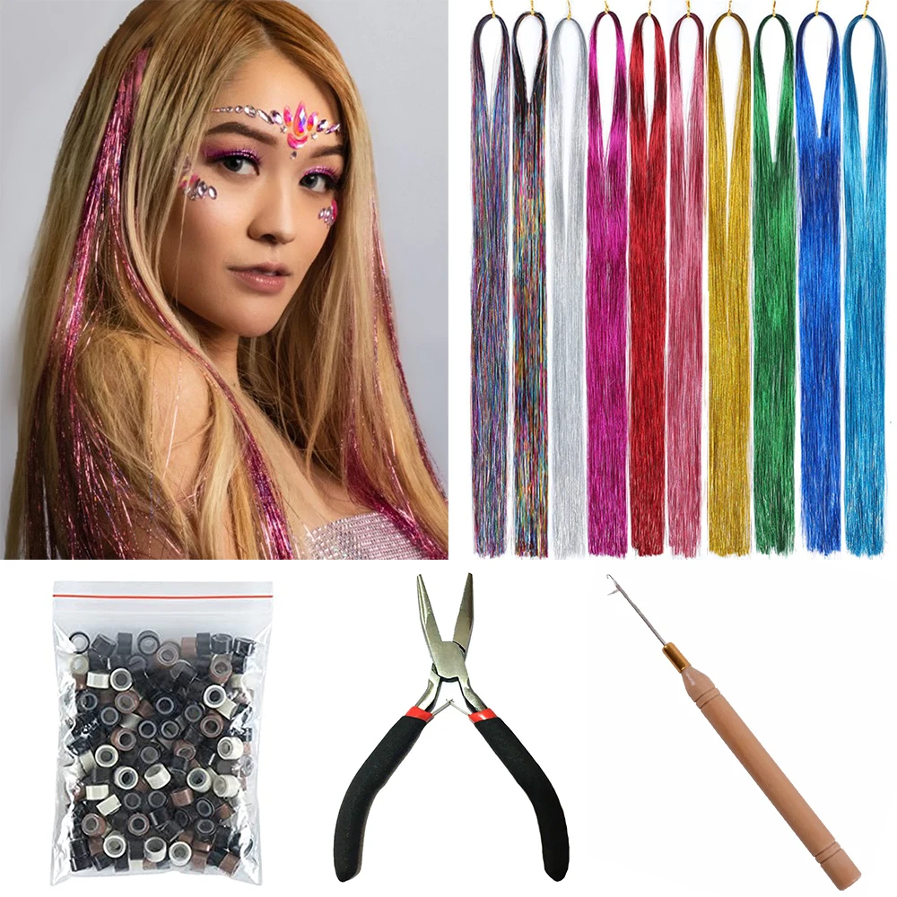 S Sparkle Hair Tinsel Rainbow Colored Glitter Hair Extensions Women For Braiding Headdress Long 110cm 120 Strands/bag