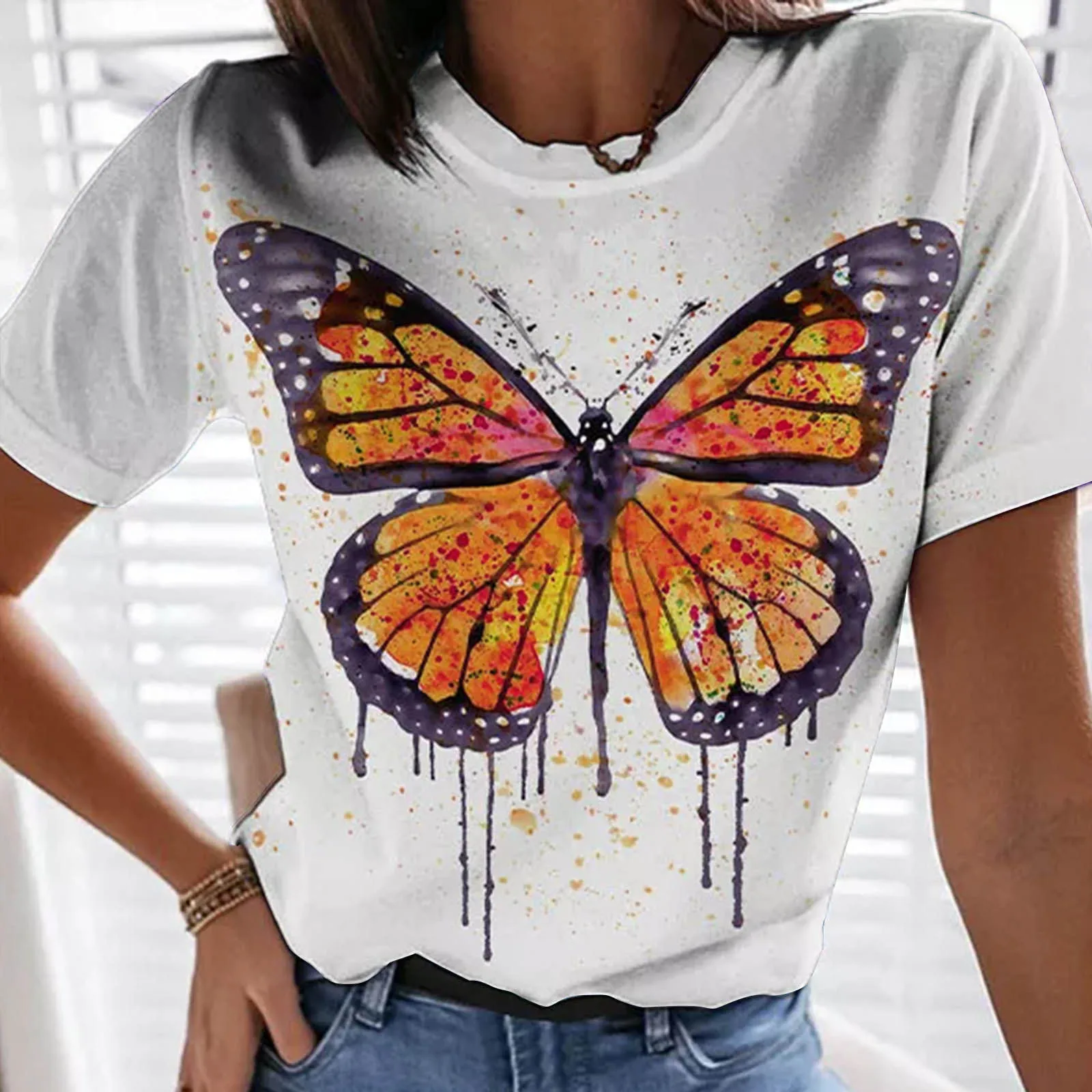 

Футболка женская с коротким рукавом, модный топ с 3D-принтом бабочки, с графическим принтом, базовая белая уличная одежда в стиле Харадзюку, н...