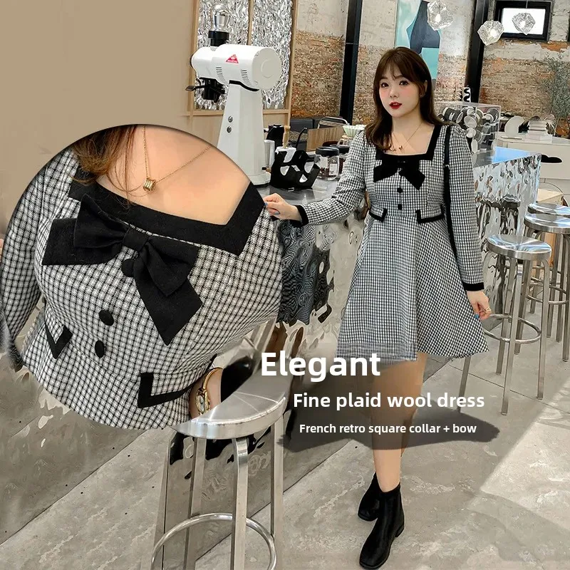 Женское клетчатое винтажное мини-платье больших размеров с высокой талией для