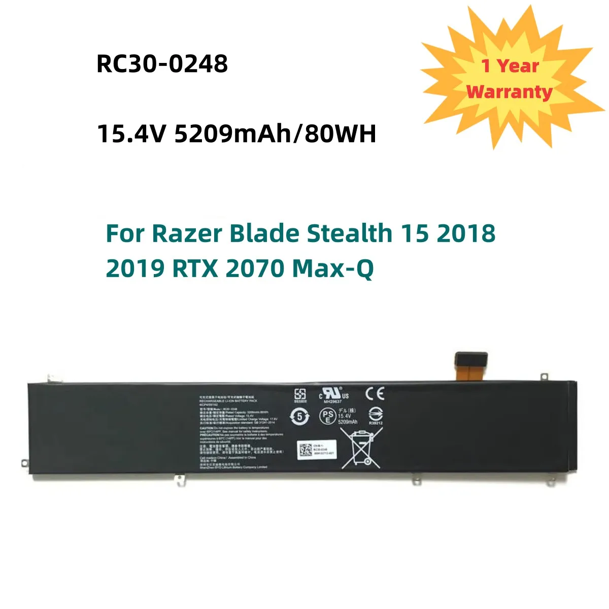 

RC30-0248 Laptop Battery For Razer Blade Stealth 15 2018 2019 RTX 2070 Max-Q RZ09-02386 RZ09-02385W71-R3W1 RZ09-0288 15.4V 80WH