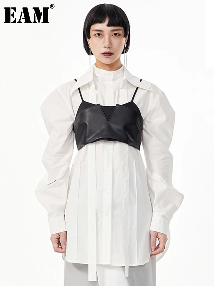 

[EAM] Women Loose Fit Black Pu Leather Spliced Short Vest New Round Neck Sleeveless Fashion Tide Spring Autumn 2022 1DE2569