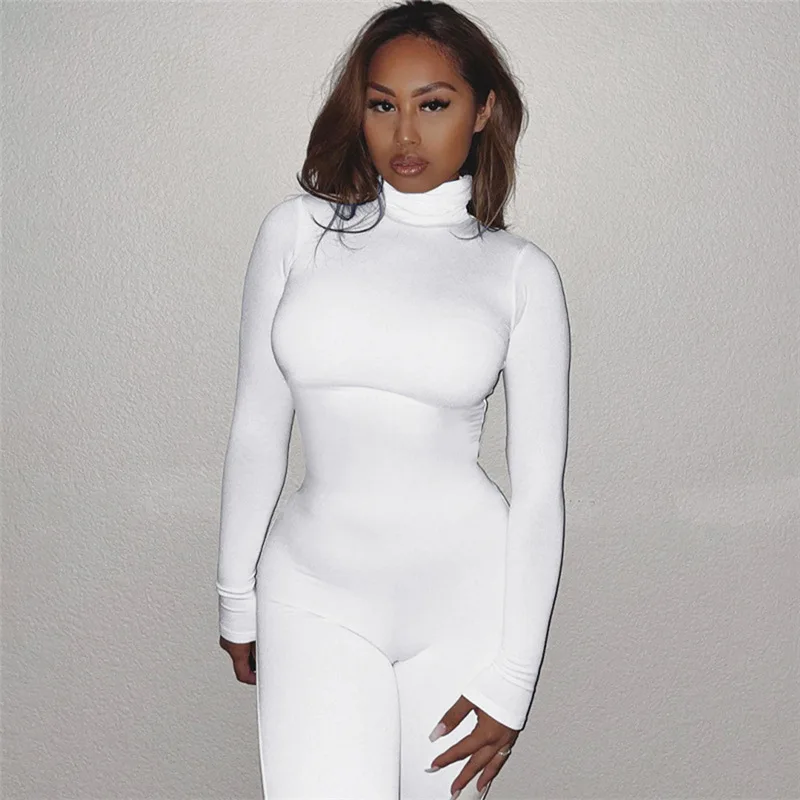 European-American Style New Summer Women's Long-Sleeved Solid Color High-Necked Slim High Waist Hip Lifting Sports Jumpsuit