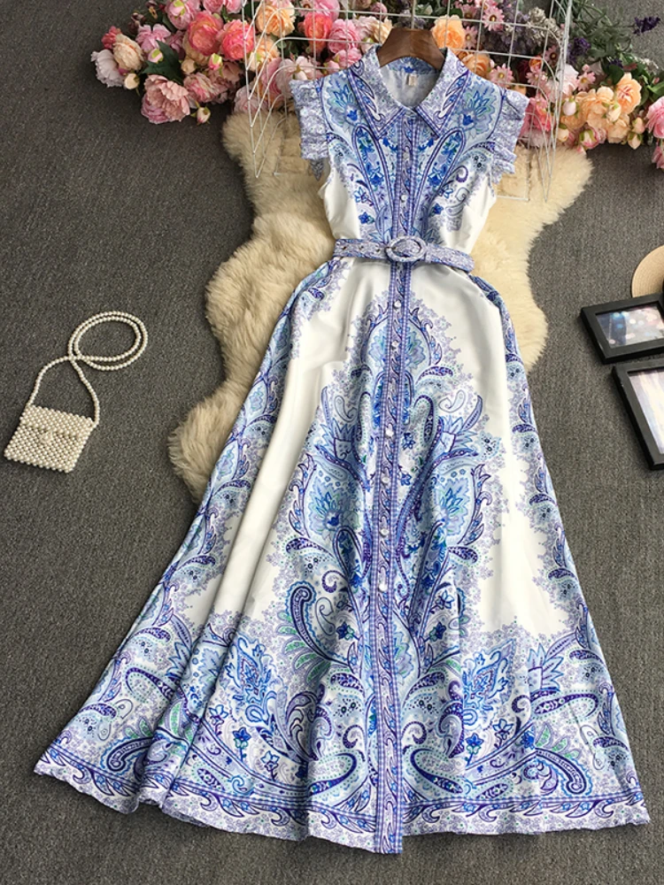 

Fitaylor New Summer Print Sleeveless Dress Women Fashion Polo Neck Single Breasted Long Dress with Belt Lady Slim A-line Dresses