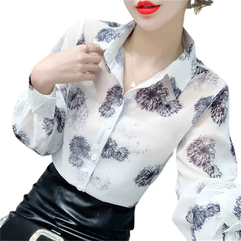 

Women Summer Style Blouses Shirts Lady Fashion Casual Long Sleeve Turn-down Printing Blouses Tops WY0228