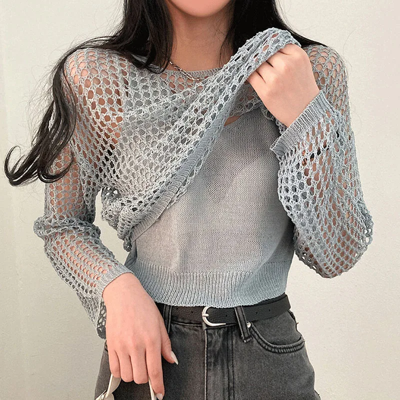 E GIRLS  Women Mesh Hollow V neck Vest Knitted Sweater 2022 Korean Chic Summer Perspective Loose Long sleeved Blouse Female Top