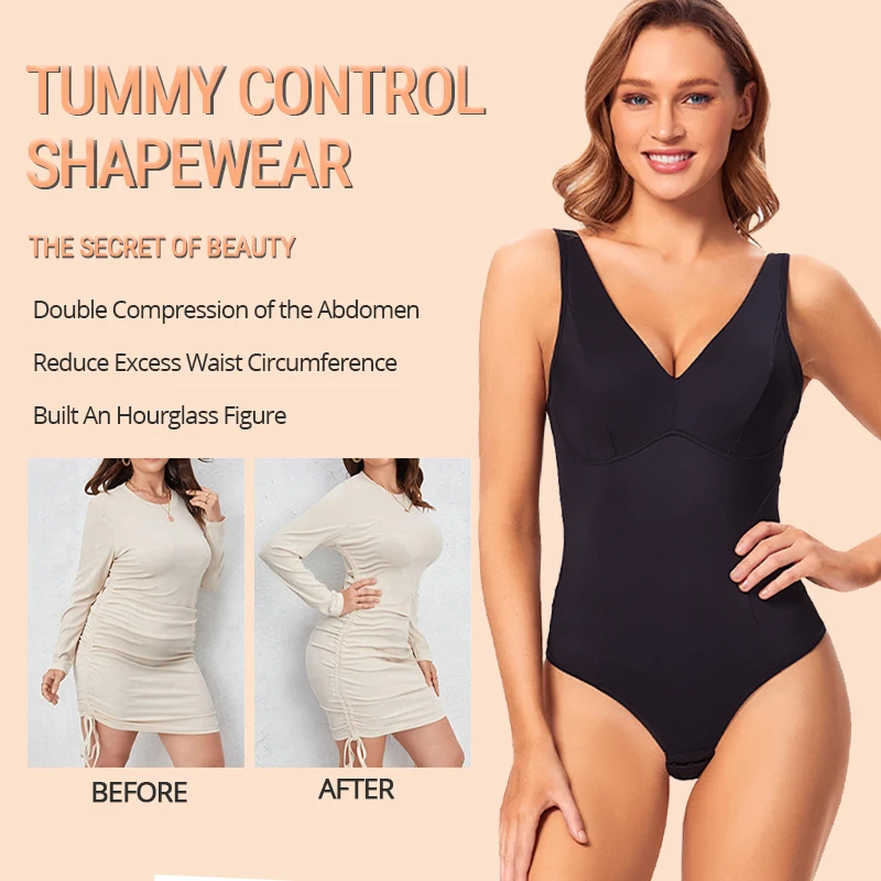 Women Sexy Thong Bodysuit Built in Bra Push Up Chest Smooth V Neck Body Shaper Tummy Control Slimming Backless Padded Shapewear