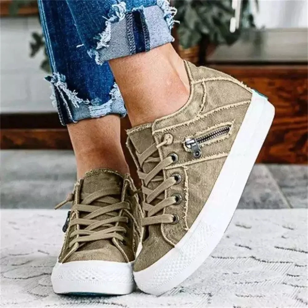 

Women's Casual Shoes Spring New Lace Up Zipper Ladies Canvas Shoes Comfortable Denim Female Flat Loafer Trendy Sneakers Shoes