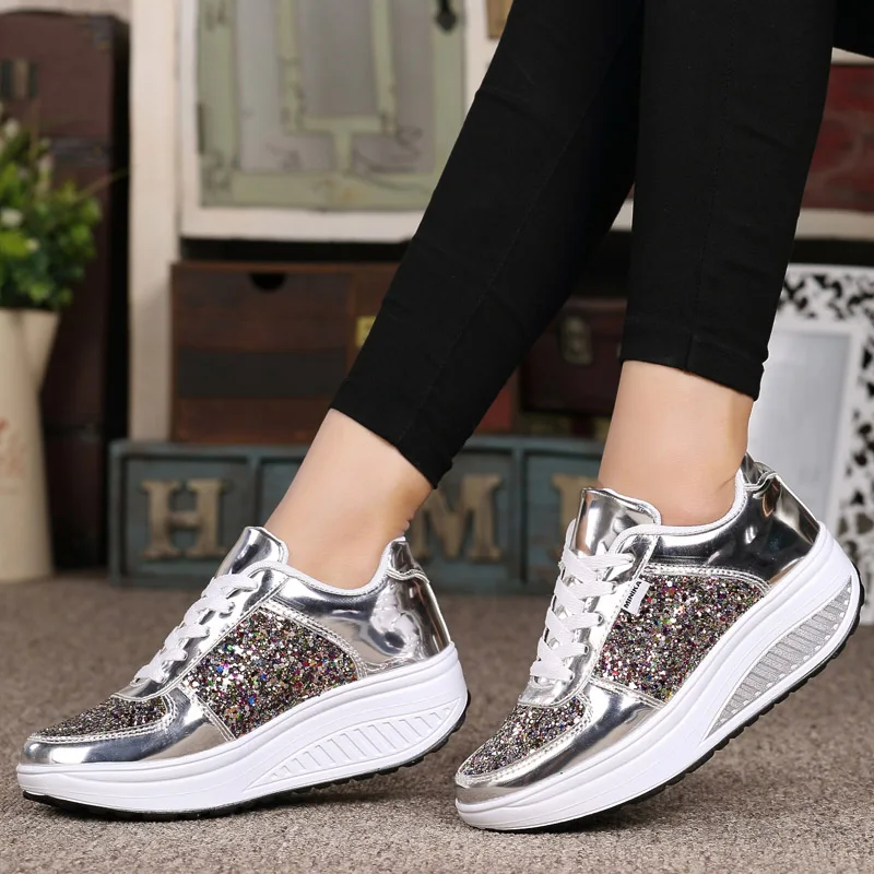 Brand New Womens Platform Toning Wedge Shoes Sequins Shake Shoes Fashion Girl Sport Shoes Fitness Shoes Woman Slimming Sneakers