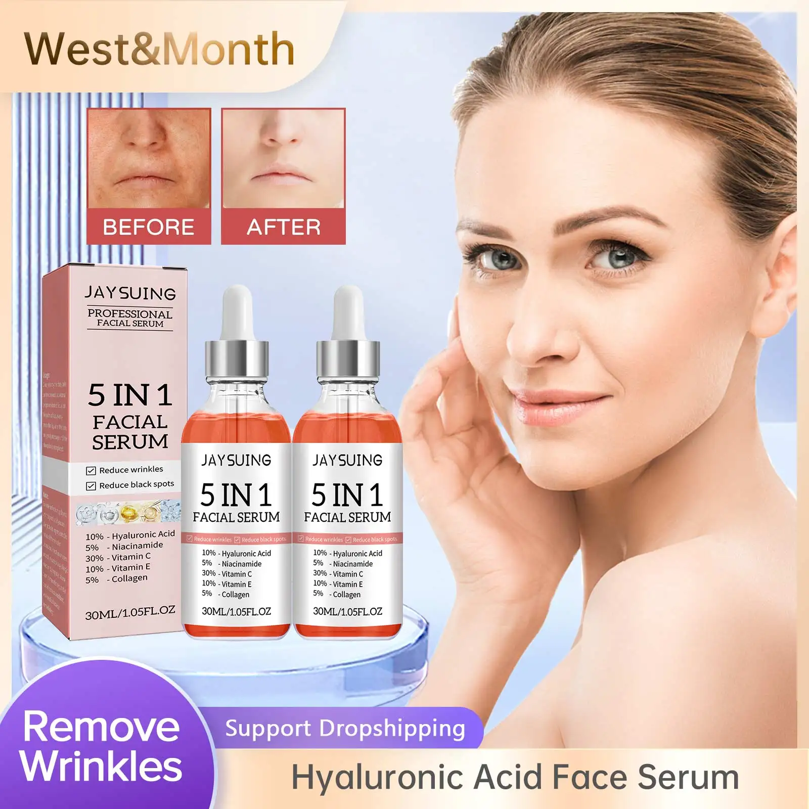 

Hyaluronic Acid Face Serum 5 In 1 Moisturizing Whitening Anti Wrinkle Aging Lifting Firming Skin Vitamin C Shrink Pores Serum