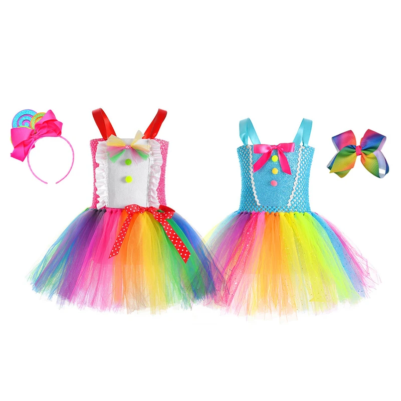 Disfraz de payaso para niños, vestido de princesa de caramelo de arcoíris, ropa de fiesta de cumpleaños para niñas, tutú de tul lindo, vestido de carnaval de Halloween