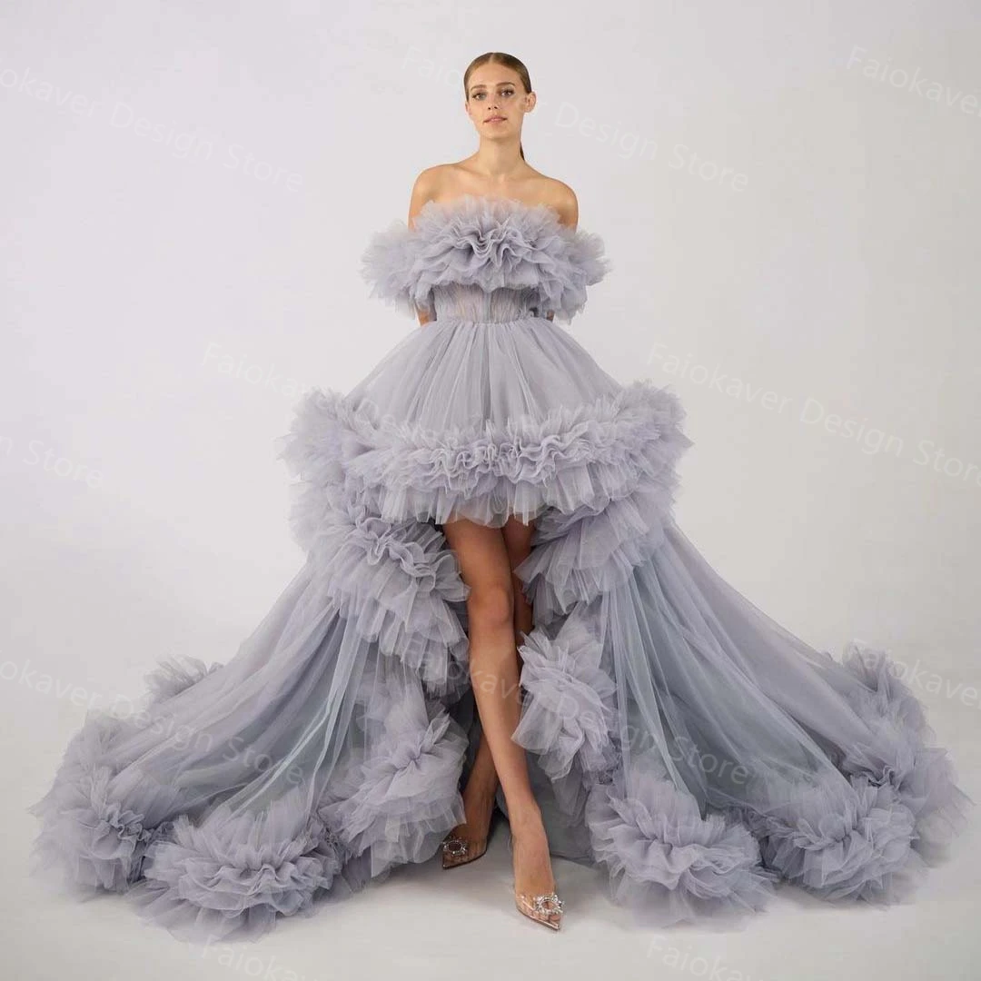 

Puffy Grey High Low Prom Dresses Off The Shouler Ruffles Evening Gowns With Long Train Sexy Custom Made Party Weddding Dress