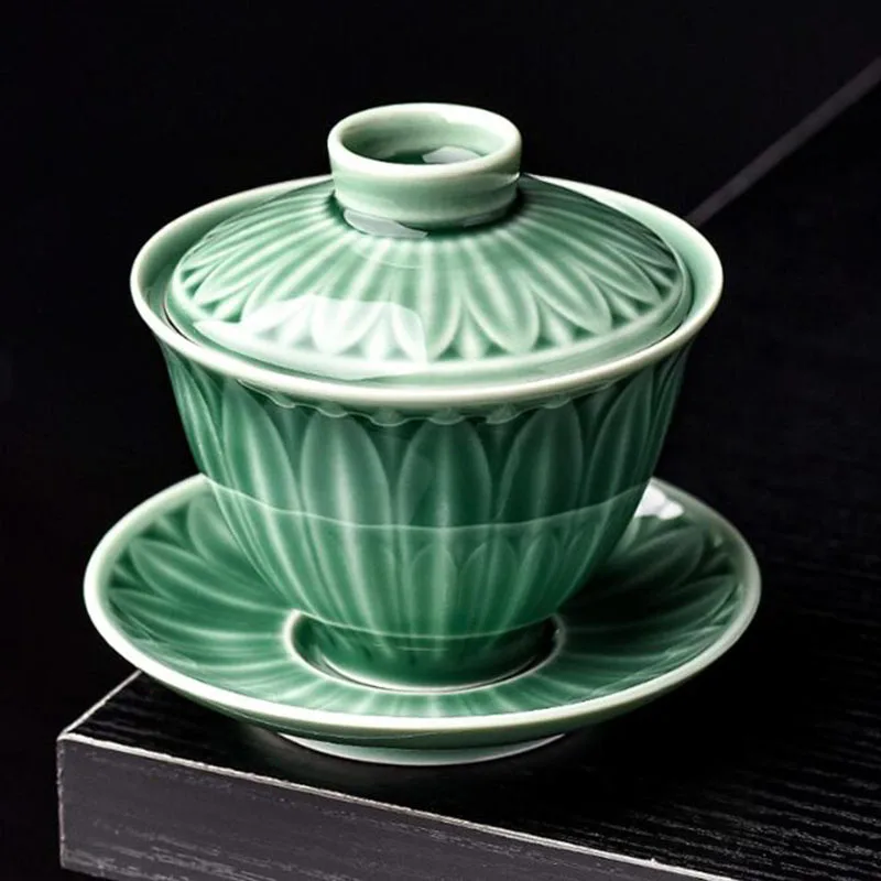 

Celadon Lotus Sancai Gaiwan Kungfu Tea Tureen Retro Infuser Tea Bowl Respect Cup Kitchen Teaware Drinking Accessories
