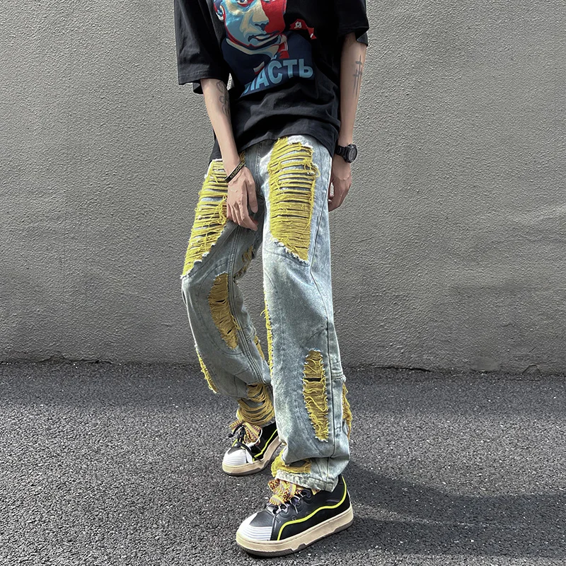 Men's Jeans American High Street Jeans Men's Design Straight Pants Trend Loose Wide Leg Ripped Pants hiphop Jeans Ins Hot Sale