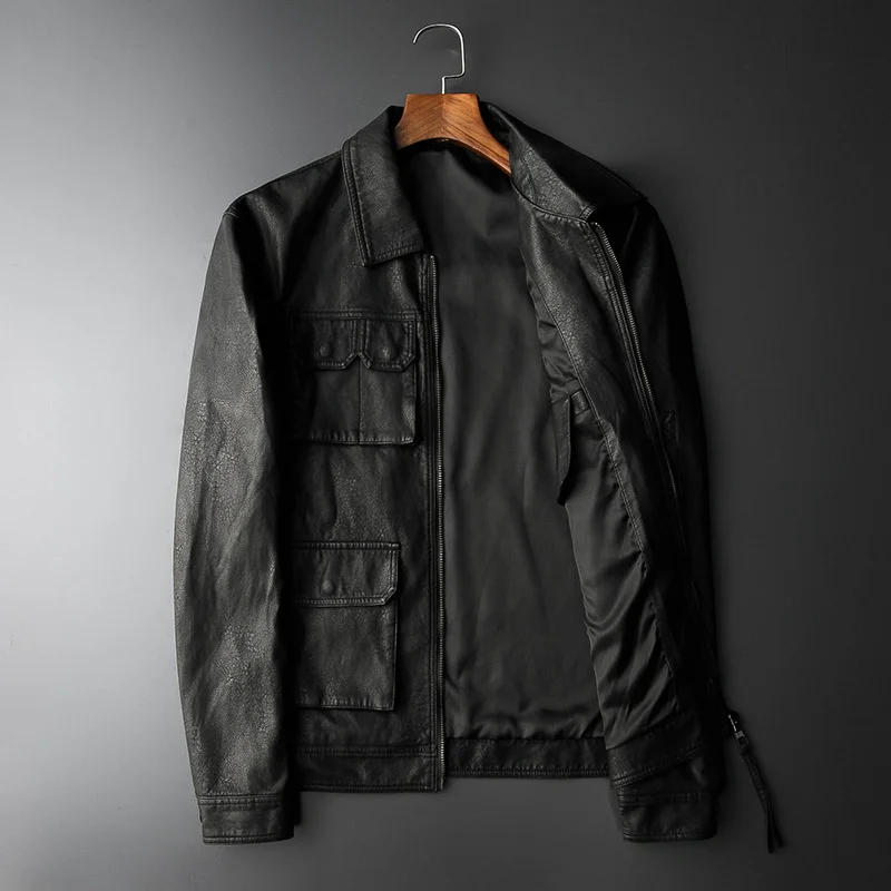 

2022 Autumn New Mens Fashion Motorcycle Jackets Turn-down Collar Casual Leather Jacket Korean male Multi-pocket Zipper PU Coat