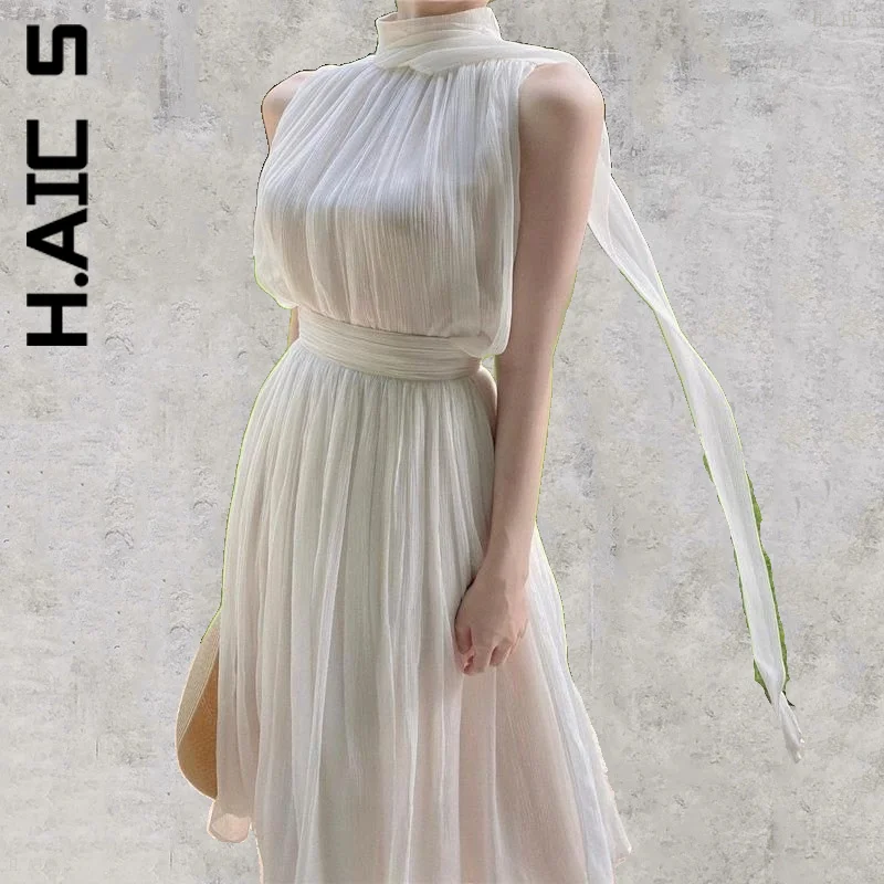 

H.Aic S Women Fashion Dress Chic Robe Sleeveless Fashion Sexy Dress Basic Women's Dress Temperament Holiday Women Clothing
