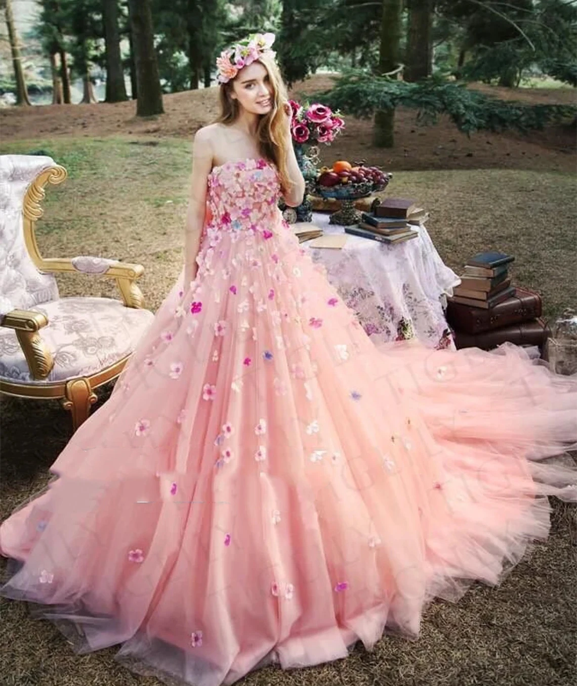

Dreamy Pink Princess Quinceanera Dresses Flowers Applique Sweetheart Strapless Long A Line Tulle Brithday Party Prom Gowns 2023