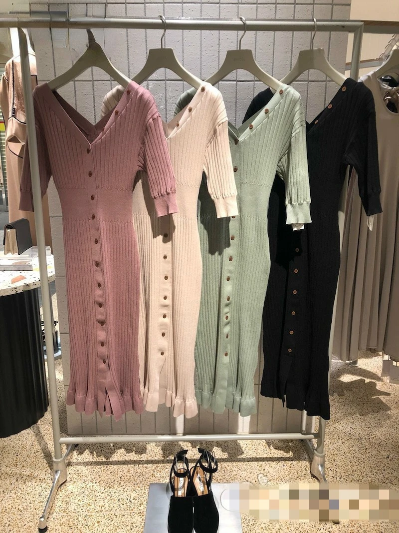 

Japanese Style Elegant Temperament Dress Women V-neck Half Sleeve Slim Fit Knit Dresses A-Line Soft Chic Button Femme Vestidos