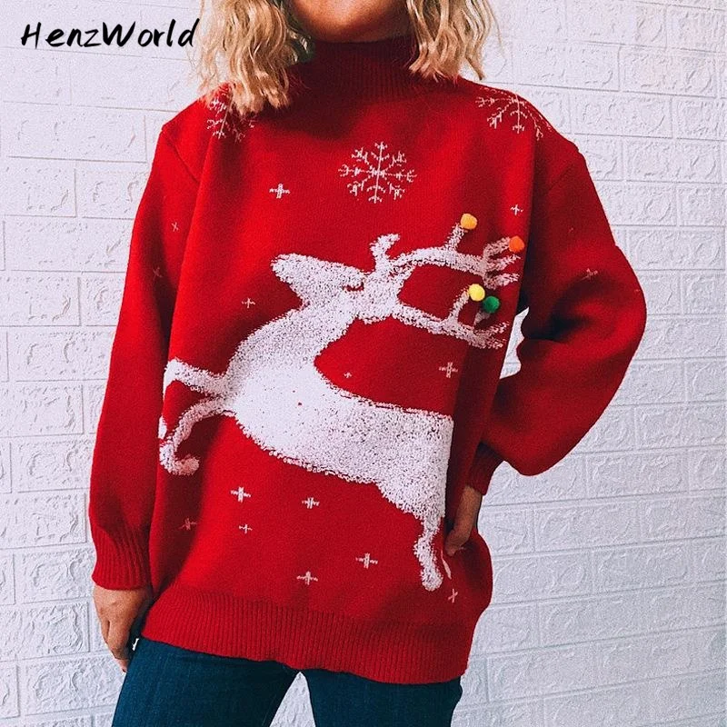 

Christmas Sweater Women Winter Traf Dress Pullovers Loose Thickened Deer Snowflake Jumper Round Neck Long Sleeves Woman Clothing